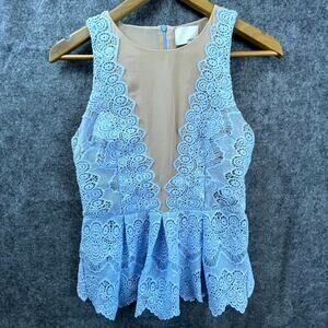 Greylin Peplum Top Womens Small Blue Floral Lace Pastel Deep V Coquette Fairy
